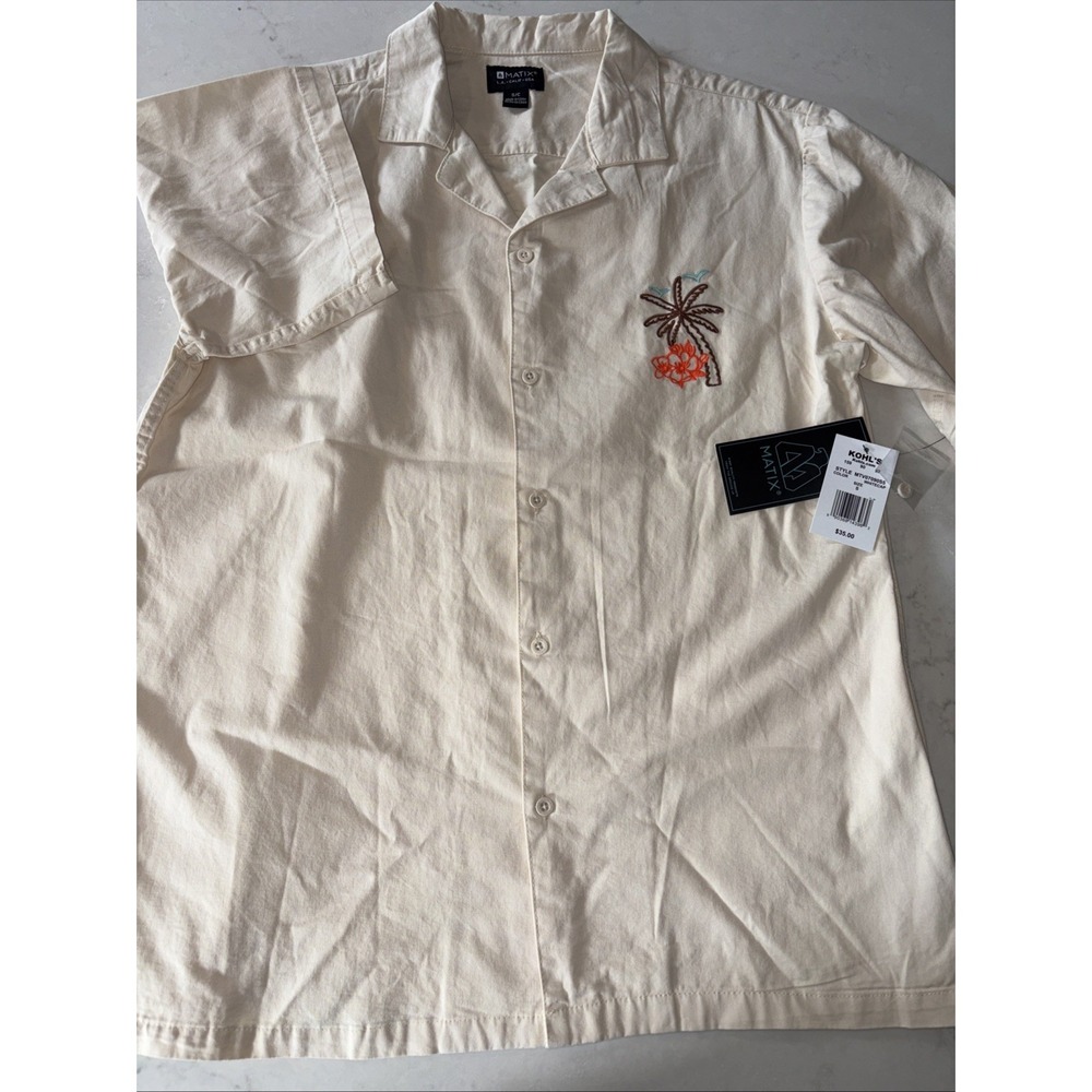 Matix Embroidered Palm/Flower Short Sleeve Ivory Cotton Twill Shirt Mens S NWT